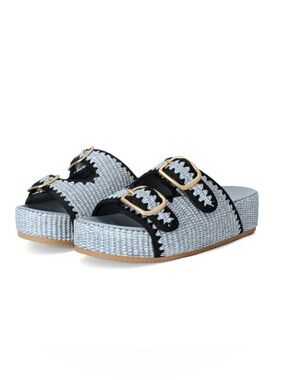 Woven Raffia Double-Buckle Platform Sandals - Light Blue/Black
